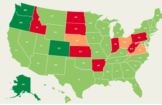 States where marijuana is still illegal include Idaho, South Dakota, Arkansas and Kansas.