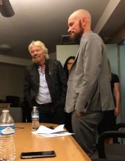 Richard Branson, left, and Colorado attorney Brian Vicente, who co-directed the pot-legalizing Amendment 64 campaign in 2012, share a laugh during Branson’s visit on March 15, 2016. (Sarah Bee, Special to The Cannabist)