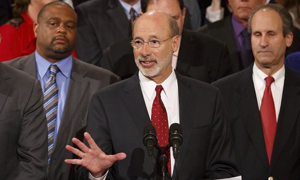 Tom Wolf speaks at a ceremony where he signed the medical marijuana bill. Photograph: Daniel Zampogna/AP