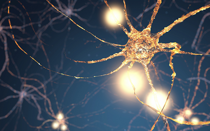 Glowing synapse in human neural system network. Full CGI showing active neuron cells.