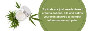 Cannabis topicals are weed-infused creams, lotions, oils and balms your skin absorbs to combat inflammation and pain.