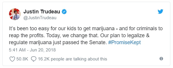 The Canadian legislation, known as the Cannabis Act, stems from a campaign pledge of Prime Minister Justin Trudeau.